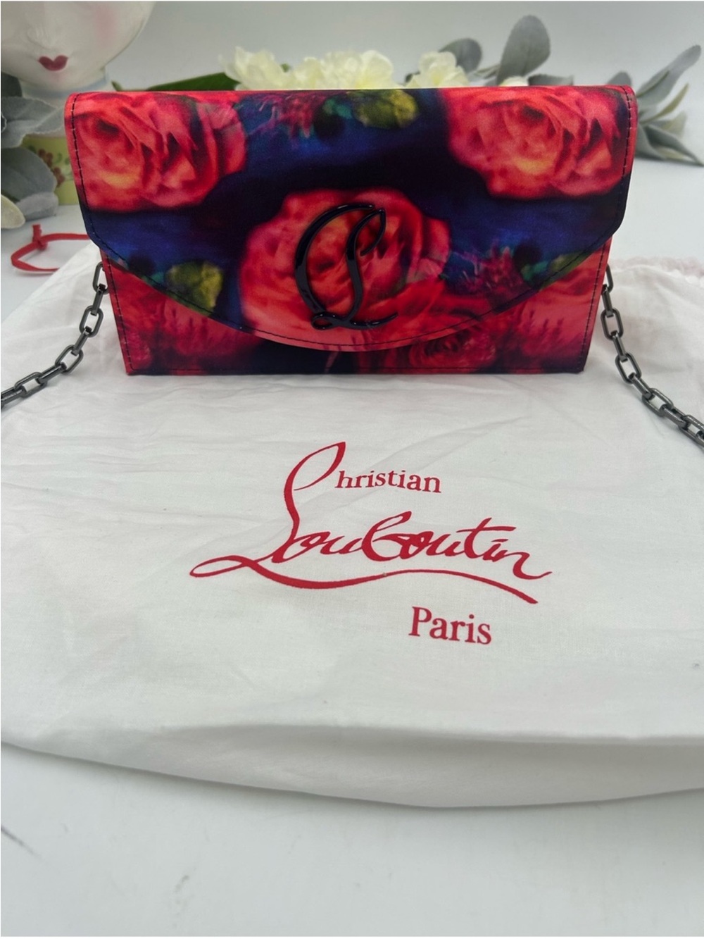 Women’s Christian Louboutin LOUBI 54 floral satin clutch/Crossbody made in Italy